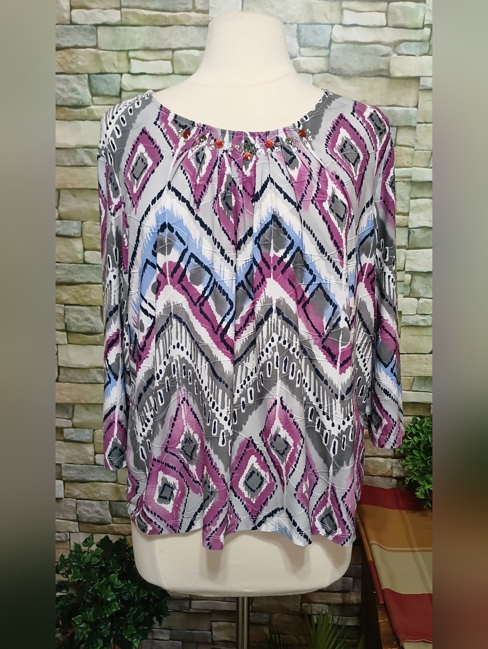 Alfred Dunner Beaded Abstract Floral Print Top Textured PXL